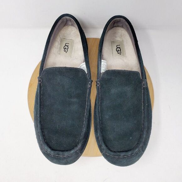 UGG Slipper Mens 9 Alder Black Suede Shoes Slip On Shearling Moc Toe Loafers - Picture 1 of 11